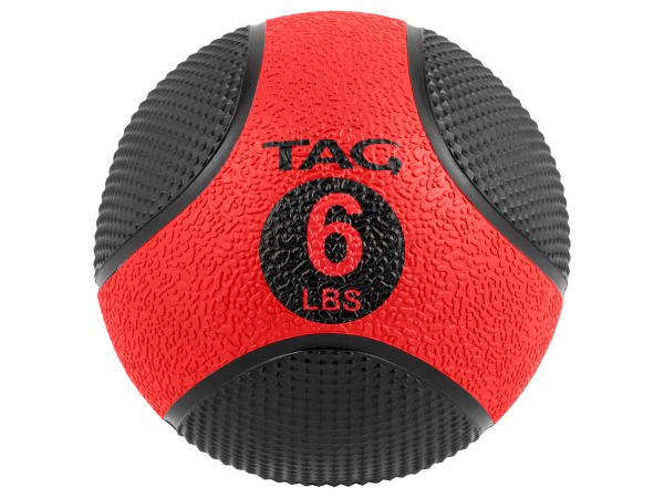 Red and black size 6 medicine ball with textured grip surface