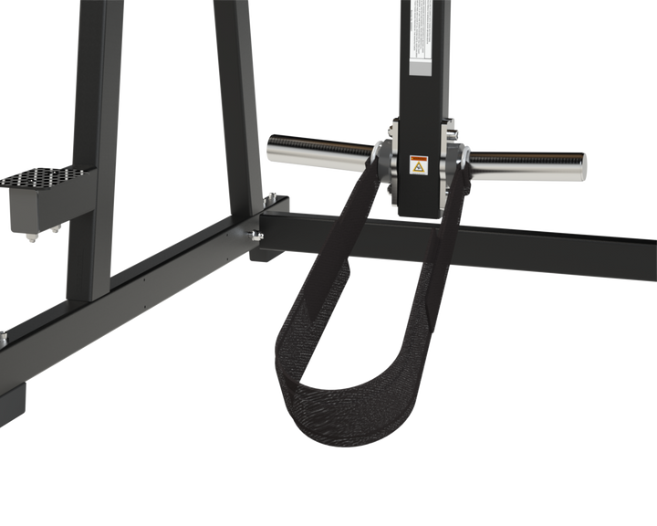 Heavy canvas ankle belt attached to the reverse hyperextension movement arm.
