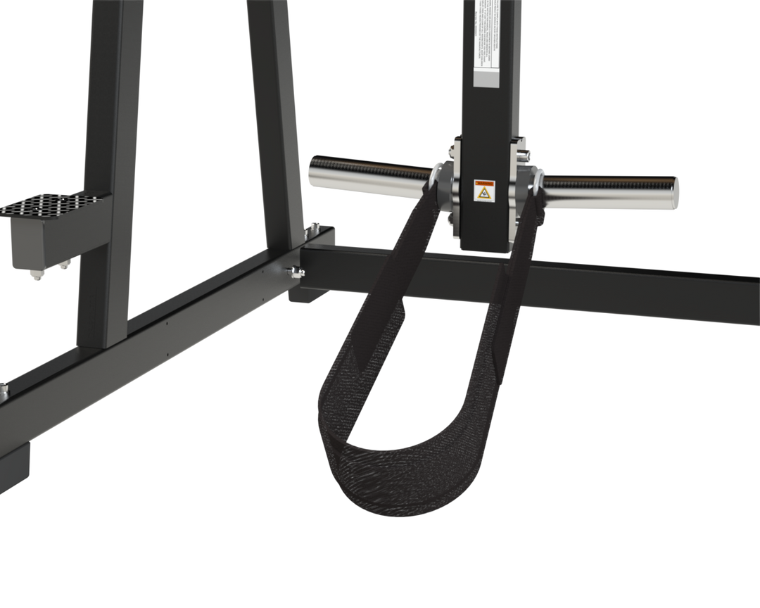 Close-up of the reverse hyperextension ankle belt and movement arm attachment.