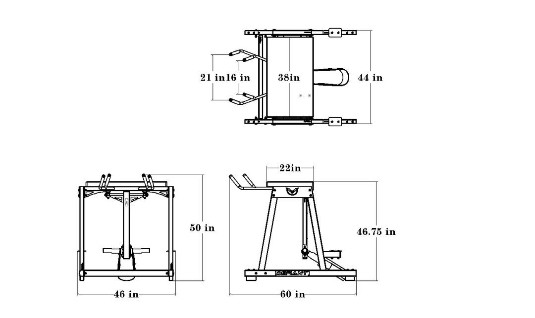Dimension drawing of the Defiant Strength reverse hyperextension machine.