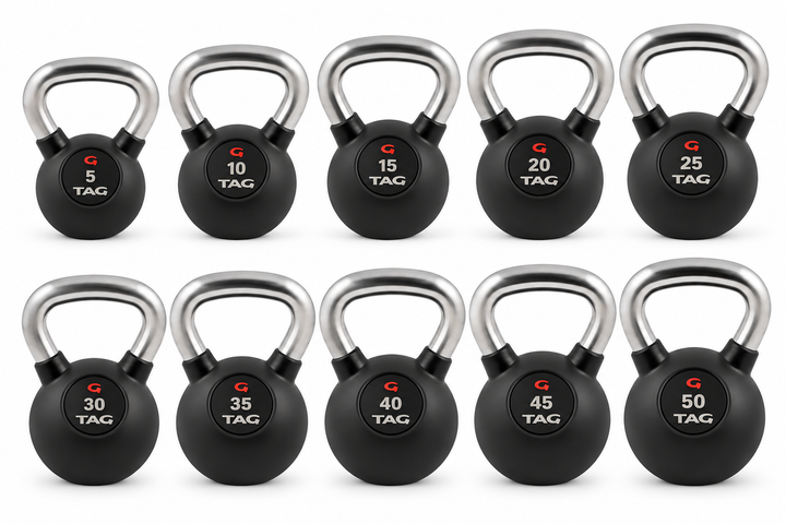 Set of black rubber encased kettlebells with smooth chrome handles in multiple weights