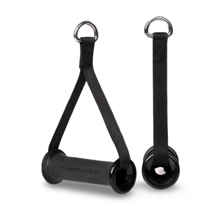 pair of rubber grip D handles with nylon straps and metal rings for cable machine exercises