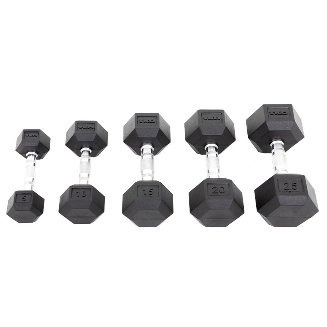 Rubber hex dumbbells displayed in multiple weight increments