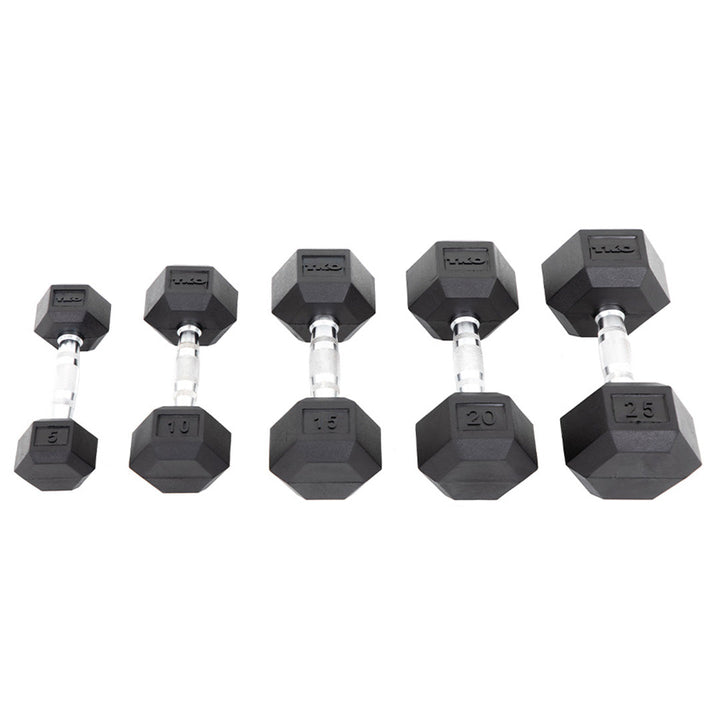 Rubber hex dumbbells displayed in multiple weight increments