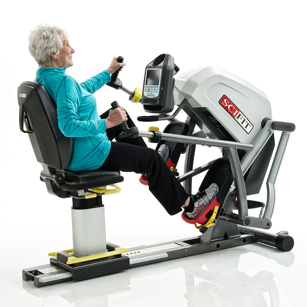 Recumbent stepper exercise machine with adjustable seat and handles for low-impact cardio training