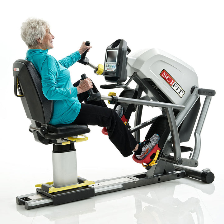 Recumbent stepper exercise machine with adjustable seat and handles for low-impact cardio training