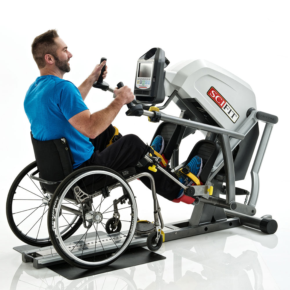 Adaptive recumbent stepper with wheelchair access and adjustable pedals for inclusive rehabilitation workouts
