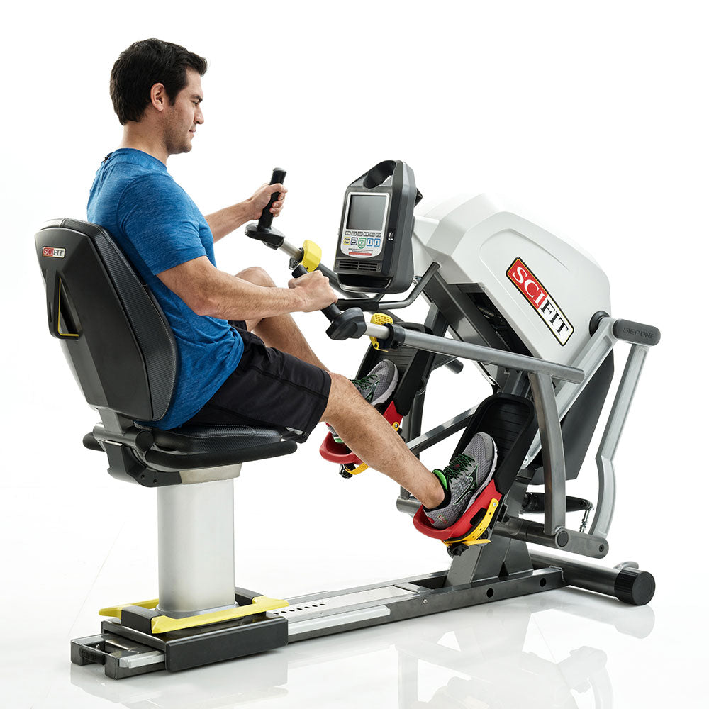 Seated stepper fitness machine with dual-action handlebars for full body cardio and strength training