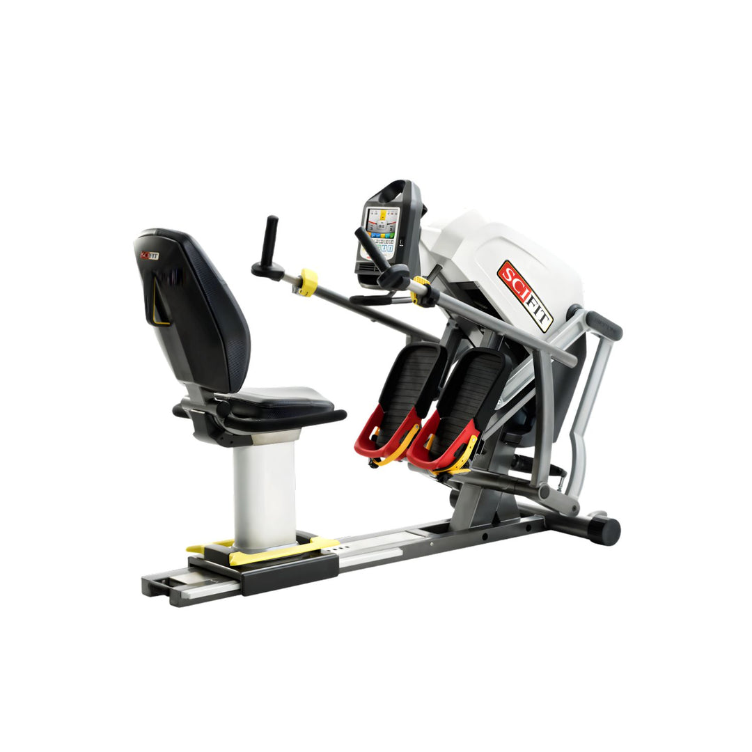 Recumbent stepper exercise machine with standard seat and adjustable pedals for low-impact cardio rehabilitation training