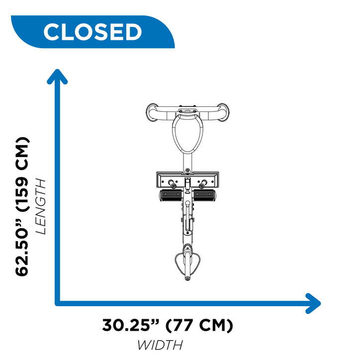 overhead diagram showing closed footprint of seated calf raise machine at 62.50 inch length and 30.25 inch width