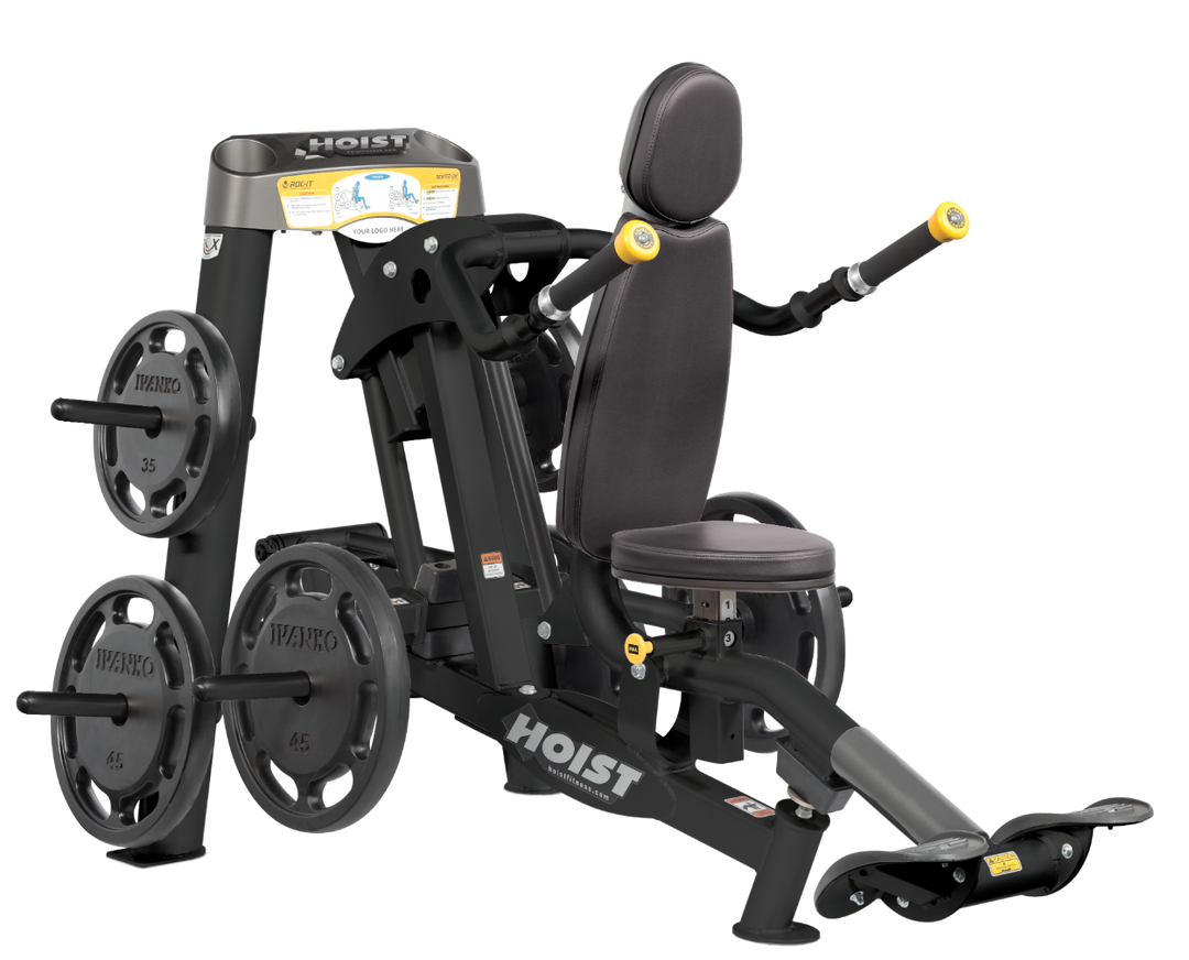 angled view of Hoist seated dip machine highlighting plate-loaded arms, foot platform, and seat design