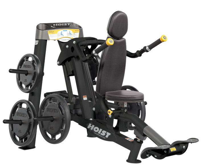 angled view of Hoist seated dip machine highlighting plate-loaded arms, foot platform, and seat design
