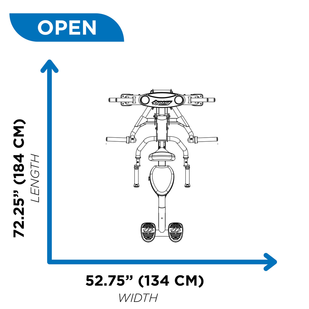 overhead diagram showing open footprint of seated dip machine at 72.25 inch length and 52.75 inch width