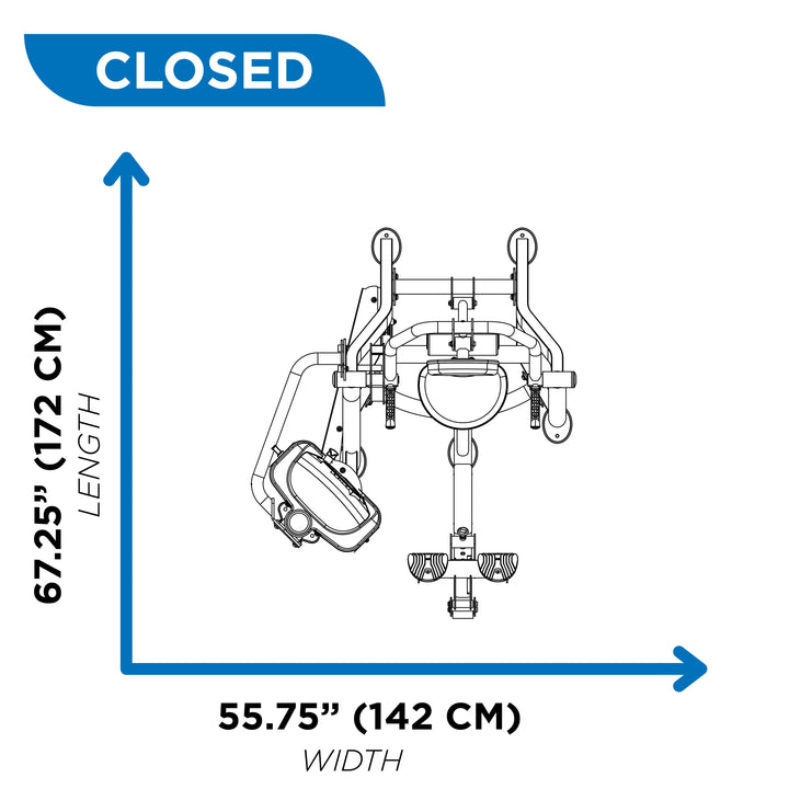 overhead diagram showing closed footprint of seated mid row machine at 67.25 inch length and 55.75 inch width