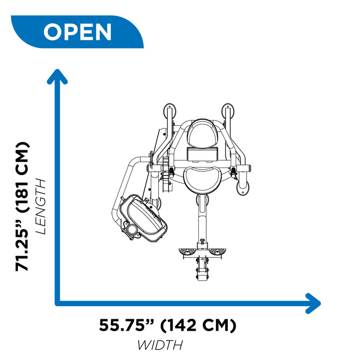 overhead diagram showing open footprint of seated mid row machine at 71.25 inch length and 55.75 inch width