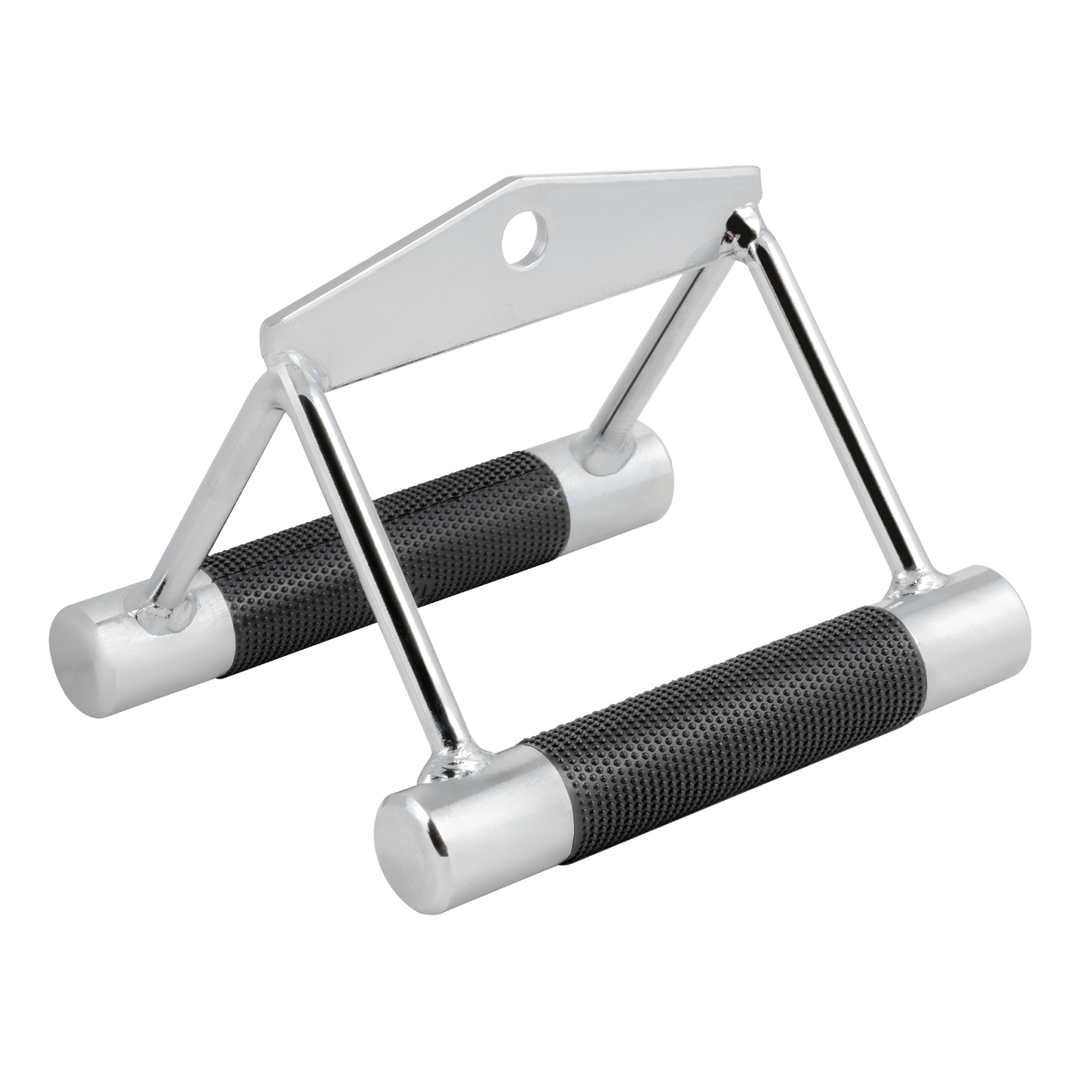 Seated row and chinning handle with chrome finish and black urethane grips