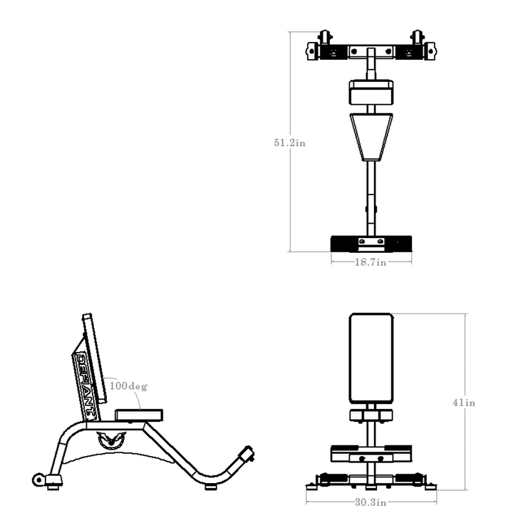 Dimension drawing of the Defiant Strength seated utility bench