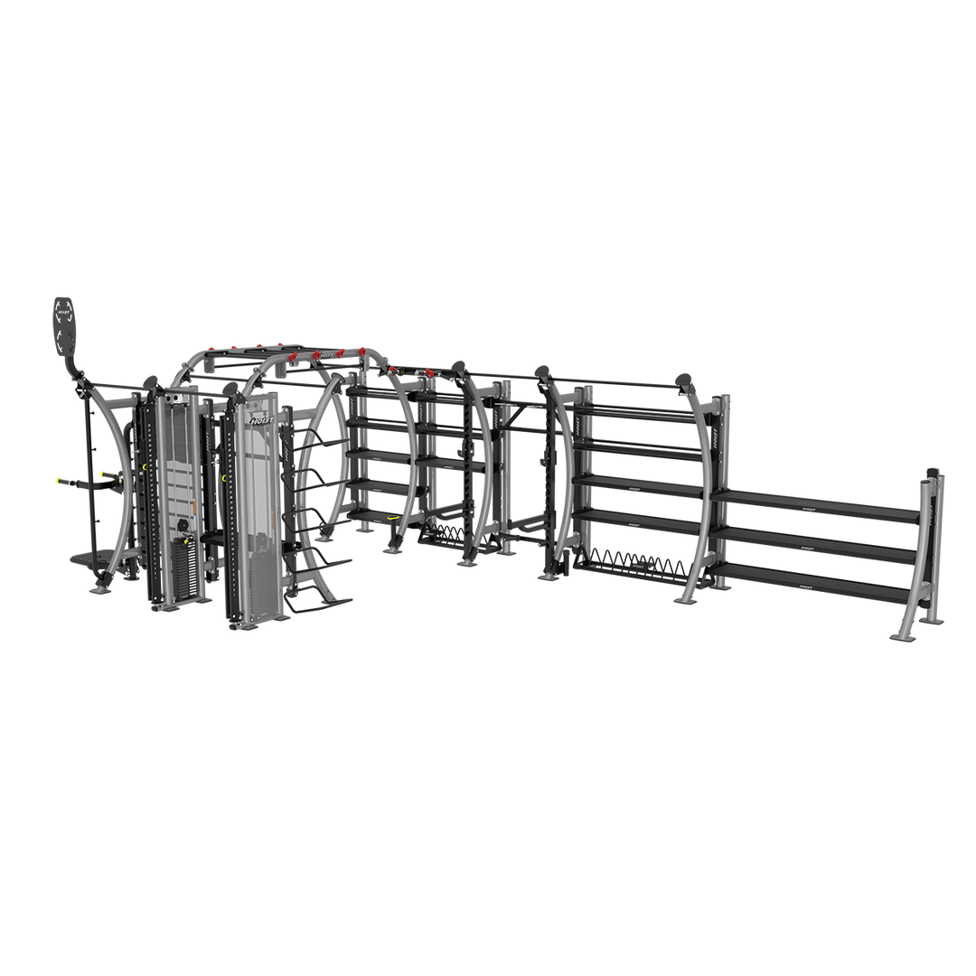 angled front view of Hoist Seven Element Functional Bridge with integrated racks, training stations, and functional fitness attachments