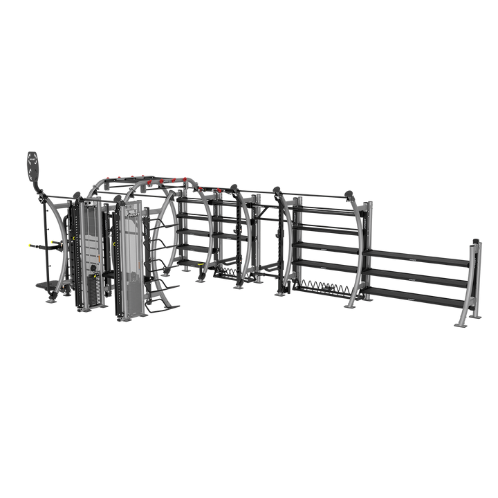 angled front view of Hoist Seven Element Functional Bridge with integrated racks, training stations, and functional fitness attachments