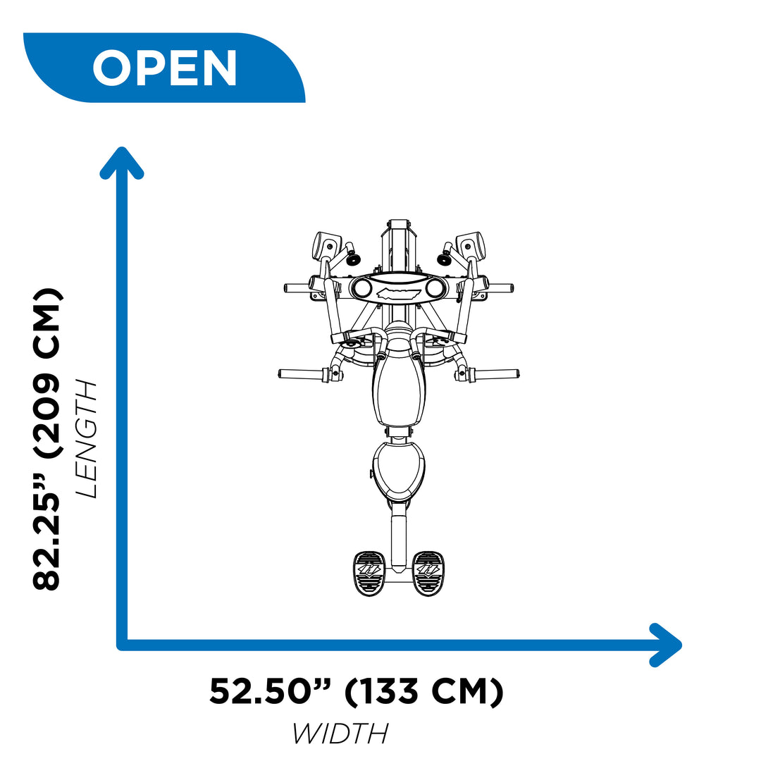 overhead diagram showing open footprint of shoulder press machine at 82.25 inch length and 52.50 inch width