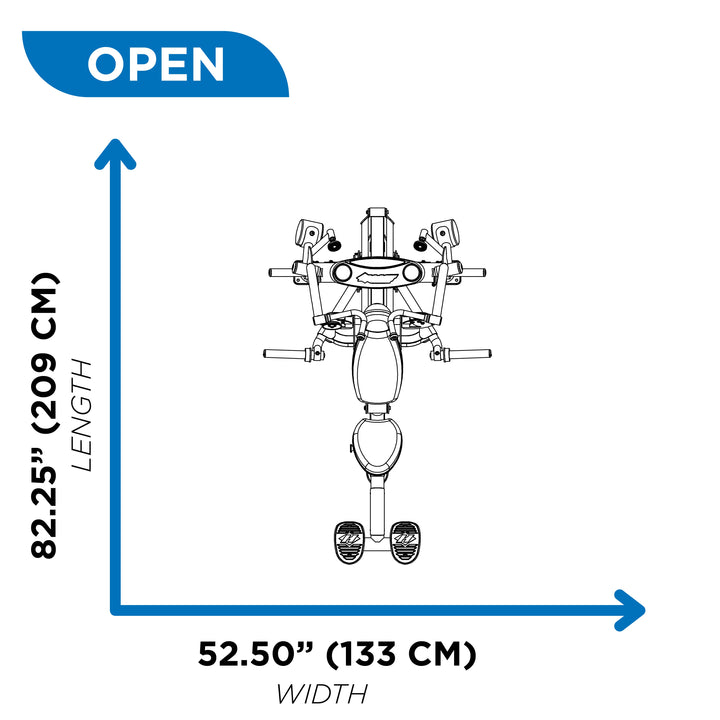 overhead diagram showing open footprint of shoulder press machine at 82.25 inch length and 52.50 inch width