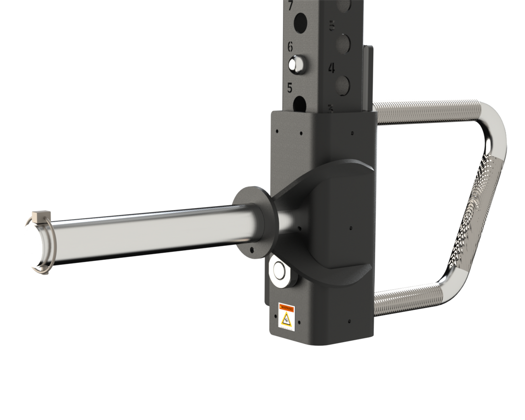 Side profile of adjustable jammer arm mounted to a rack upright.
