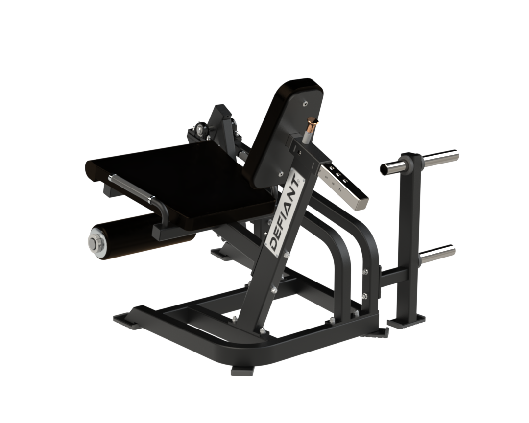 Side view of the Defiant Strength plate loaded leg extension machine.