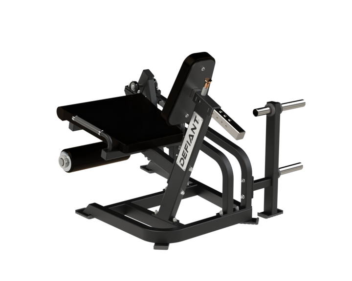 Side view of the Defiant Strength plate loaded leg extension machine.
