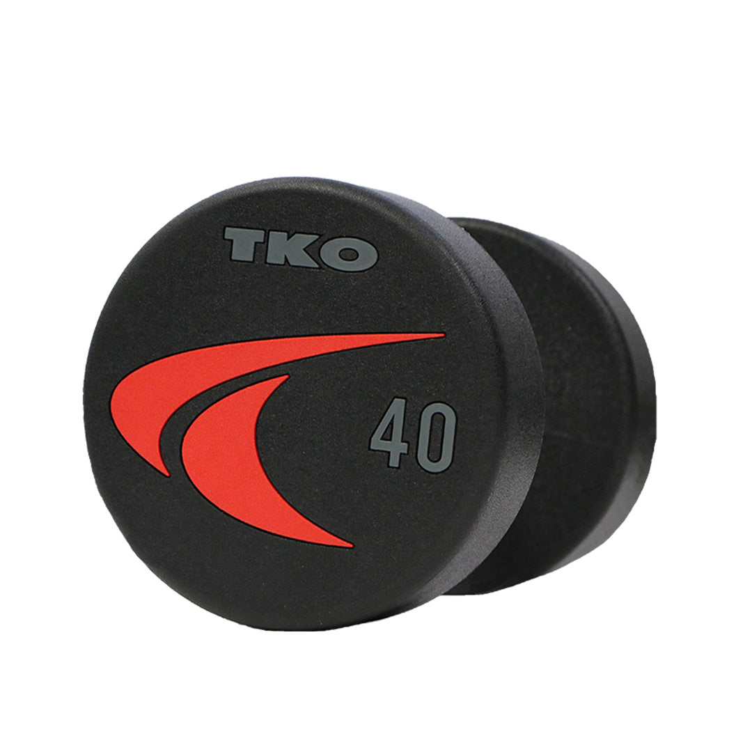 Side view of TKO Signature urethane dumbbell showing urethane-coated heads