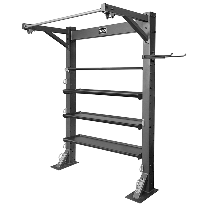 Single bay fitness frame with multiple horizontal storage trays and overhead chin-up bar