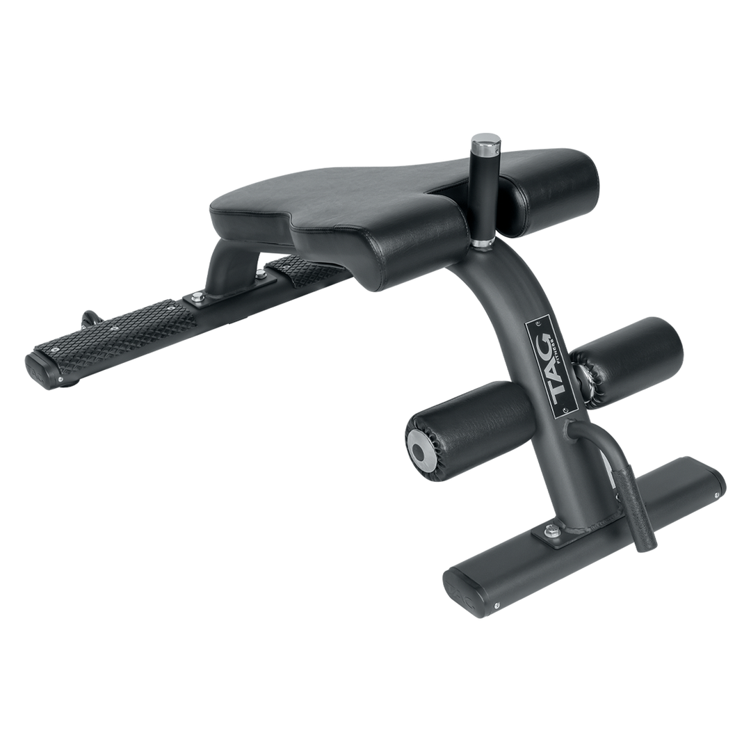 Black 23-degree angled weight bench with padded supports, transport wheels and integrated handle