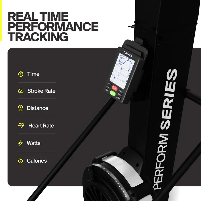 Backlit LCD console displaying workout metrics on the Centr Perform Series ski machine.