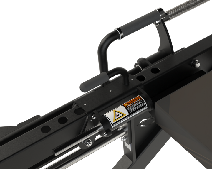 Close-up of safety stop handle on the Defiant Strength linear leg press.
