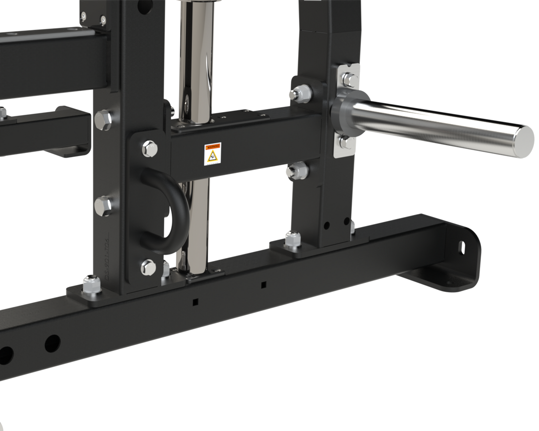 Stainless steel weight plate storage horns mounted on the Defiant Strength power rack.