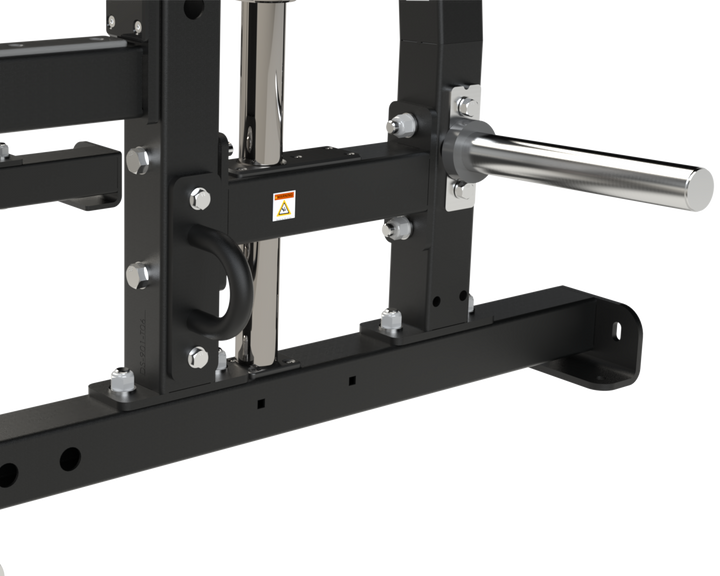 Stainless steel weight plate storage horns mounted on the Defiant Strength power rack.