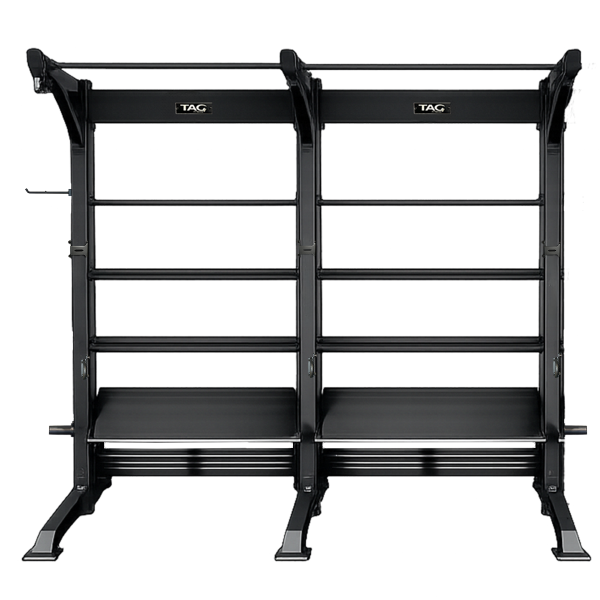 Front view of double bay fitness frame with integrated storage shelves and overhead chin-up bars