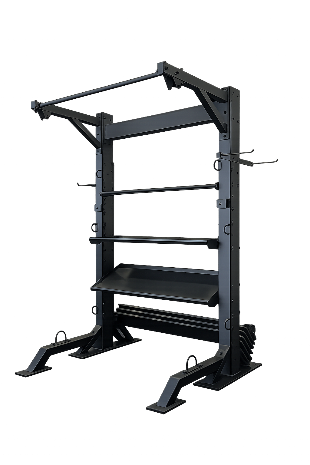 Standard Fitness Bay single bay frame with storage shelves, chin-up bar, resistance pegs, and floor base