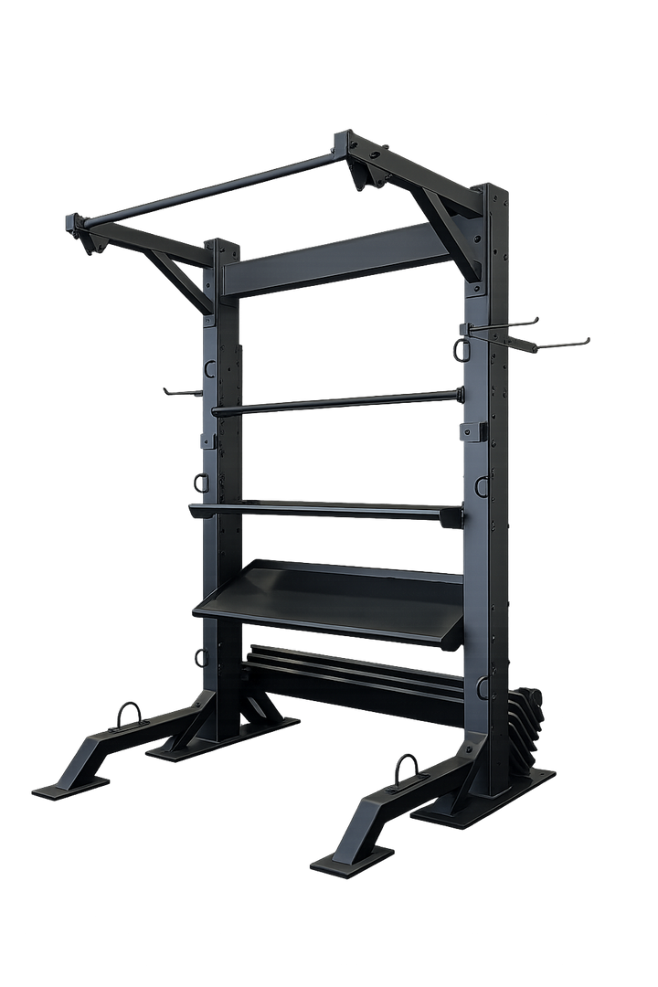 Standard Fitness Bay single bay frame with storage shelves, chin-up bar, resistance pegs, and floor base