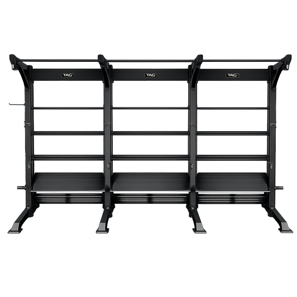 Front view of triple bay fitness frame with multiple equipment storage shelves and overhead training bars