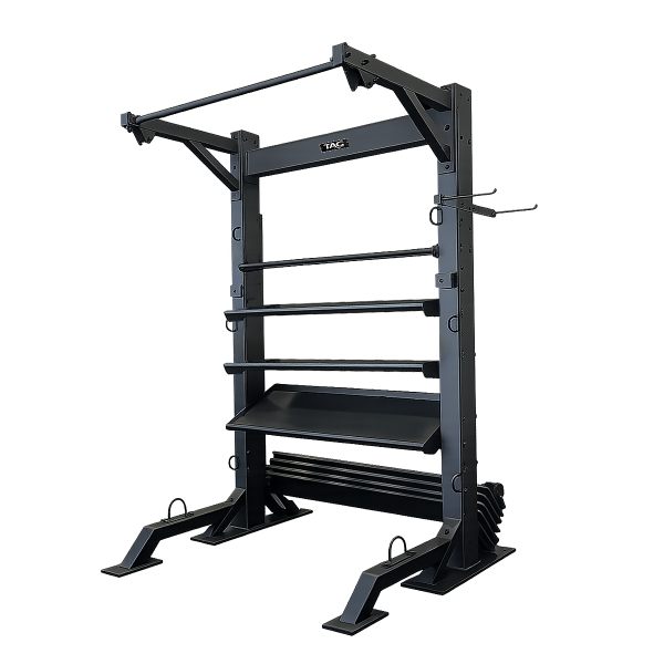 Angled view of Standard Fitness Double Hospitality Bay with equipment storage shelves, chin-up bar, and resistance pegs