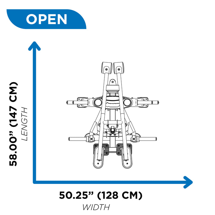 overhead diagram showing open footprint of standing calf raise machine at 58.00 inch length and 50.25 inch width