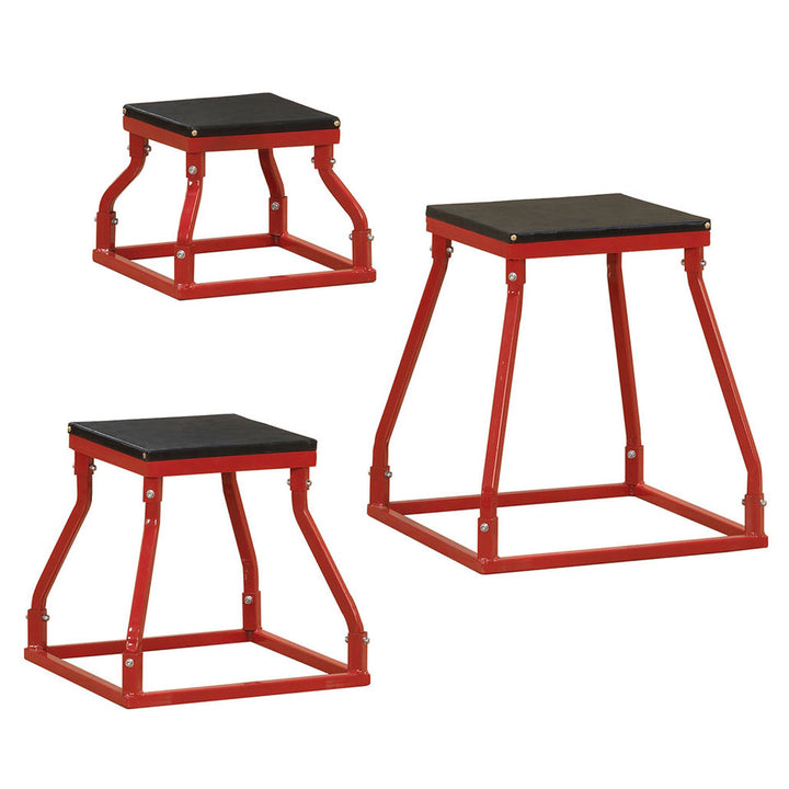 Three steel frame plyo boxes in different heights for progressive jump training.