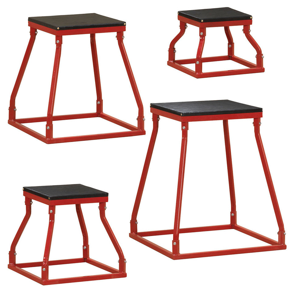 Four steel frame plyo boxes in multiple heights for plyometric workouts.