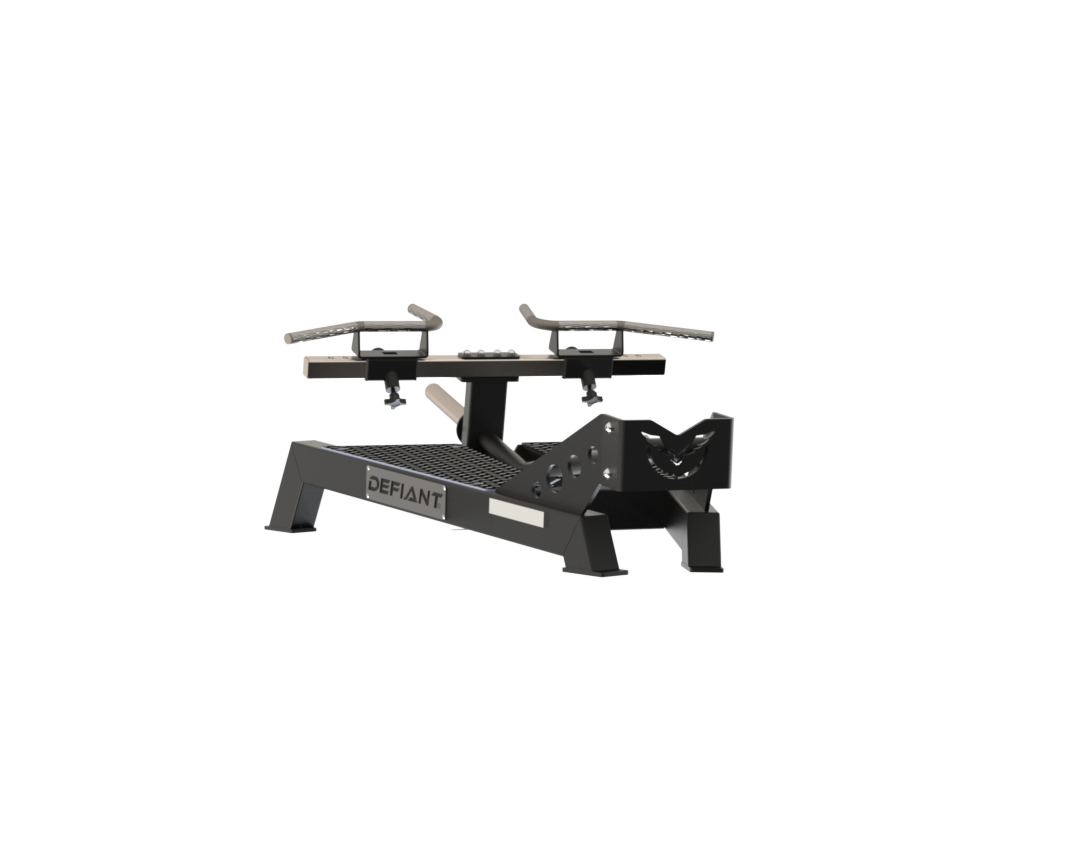 Angled view of the Defiant Strength T-bar platform row showing the frame and adjustable handles.