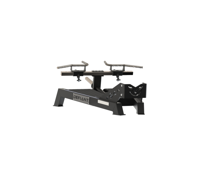 Angled view of the Defiant Strength T-bar platform row showing the frame and adjustable handles.