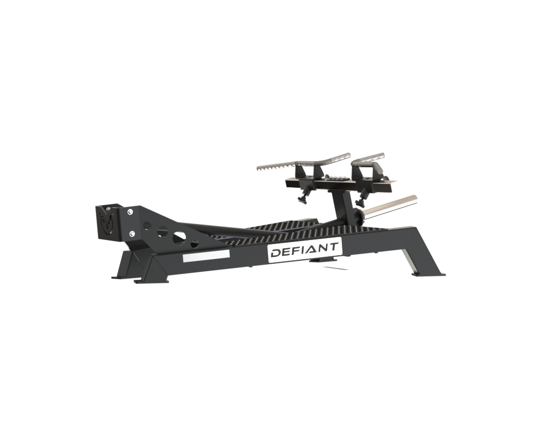 Side view of the Defiant Strength T-bar platform row machine showing the work arm and foot platform.