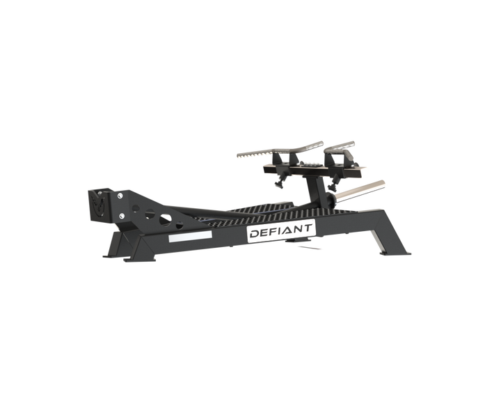 Side view of the Defiant Strength T-bar platform row machine showing the work arm and foot platform.