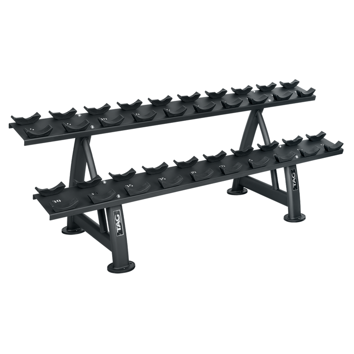 TAG black 10-pair Pro-Style dumbbell saddle rack with two-tier storage