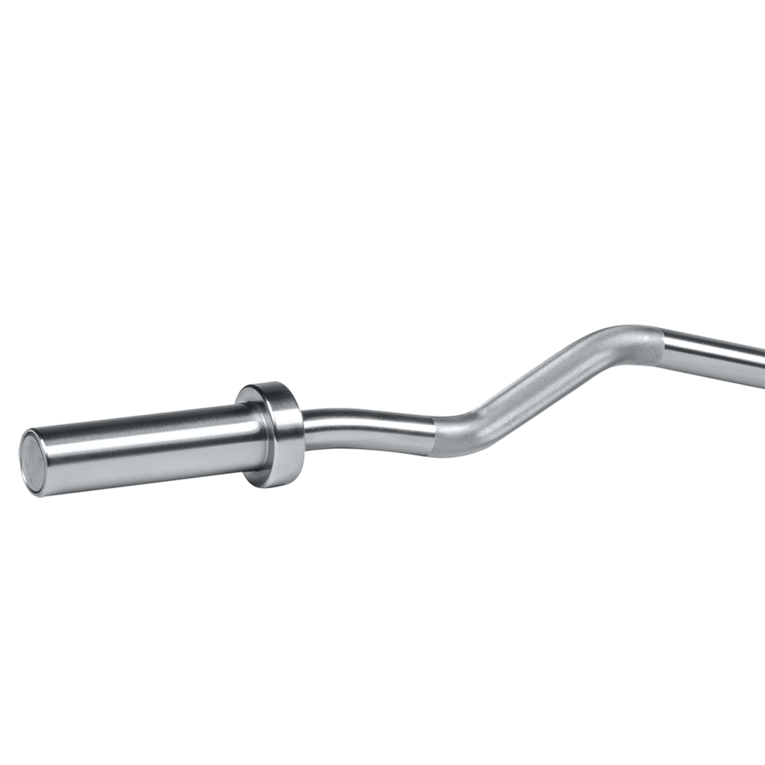 Close-up of TAG 47-inch hard chrome curl bar showing the curved bar and sleeve