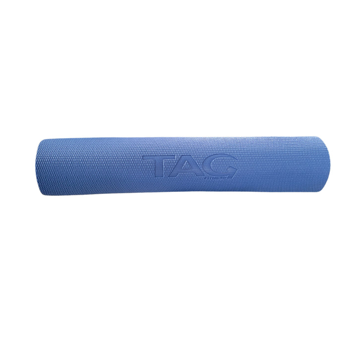 Blue TAG yoga mat shown rolled for compact storage